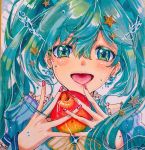  1girl :d absurdres aqua_hair blue_sleeves detached_sleeves eyebrows_visible_through_hair floating_hair food frilled_sleeves frills fruit green_eyes hair_between_eyes hair_ornament hatigatunoneko hatsune_miku highres holding holding_food holding_fruit jewelry long_hair looking_at_viewer nail_polish open_mouth portrait red_nails shiny shiny_hair smile solo sparkle star star_hair_ornament striped striped_neckwear striped_sleeves vocaloid yellow_neckwear 