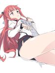  1girl arca_(summon_night) black_bow bow closed_mouth eyebrows_visible_through_hair hair_bow ixy long_hair long_sleeves looking_up miniskirt redhead simple_background sitting skirt solo summon_night summon_night_5 thighs violet_eyes white_background 