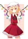  1girl blonde_hair border closed_mouth commentary_request cowboy_shot finger_to_mouth flandre_scarlet flat_chest flower green_flower hair_between_eyes hat hat_ribbon head_tilt honotai leg_garter looking_at_viewer mob_cap outside_border petticoat pink_background purple_flower red_eyes red_flower red_ribbon red_skirt red_vest ribbon shirt skirt skirt_set smile solo standing touhou ves vest white_border white_headwear white_shirt wing_collar wings yellow_flower 