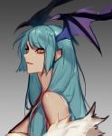  1girl aqua_hair bangs bare_shoulders bat_wings closed_mouth fur_trim gradient gradient_background hachizowo head head_wings highres long_hair looking_to_the_side morrigan_aensland orange_eyes sketch smile solo unfinished vampire_(game) wings 