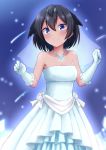  1girl absurdres alternate_costume bangs bare_shoulders black_hair blue_eyes bridal_veil commentary_request dress gloves greater_lophorina_(kemono_friends) hair_between_eyes hands_up highres jewelry kemono_friends looking_at_viewer necklace shiraha_maru short_hair smile solo strapless veil wedding_dress white_gloves 