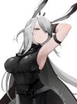  1girl absurdres adson-(biao_di) animal_ears arknights arm_up armpits black_clothes breasts grey_eyes grey_hair highres large_breasts long_hair mole rabbit_ears savage_(arknights) solo 