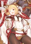  1girl ;d absurdres animal_ear_fluff animal_ears bangs bare_shoulders black_legwear blonde_hair blush braid breasts brown_eyes detached_sleeves dog dog_ears erune eyebrows_visible_through_hair garjana granblue_fantasy hair_ornament hands_up highres japanese_clothes looking_at_viewer lying medium_breasts on_back one_eye_closed open_mouth pantyhose pelvic_curtain rope shimenawa short_eyebrows short_hair smile solo tsunamayo_(flying_cat) vajra_(granblue_fantasy) wide_sleeves 