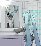  2girls aqua_eyes aqua_hair bare_shoulders bathroom commentary cowboy_shot detached_sleeves dual_persona faucet floating_hair from_behind hair_ornament hatsune_miku highres long_hair looking_at_mirror mikidar miku_append mirror multiple_girls necktie reflection shaded_face shirt skirt sleeveless sleeveless_shirt surprised thigh-highs tiles twintails very_long_hair vocaloid vocaloid_append 