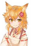  1girl animal_ears blonde_hair blush brown_eyes closed_mouth eyebrows_visible_through_hair flower fox_ears hair_flower hair_ornament highres japanese_clothes long_sleeves looking_at_viewer miko senko_(sewayaki_kitsune_no_senko-san) sewayaki_kitsune_no_senko-san short_hair simple_background sleeves_past_wrists smile solo upper_body vesper_(pixiv3568) white_background 