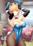 1girl animal_ears arms_up bangs bare_shoulders bed black_gloves blonde_hair blue_leotard blurry blurry_background blush bow bowtie breasts bunny_tail cleavage collarbone covered_navel cowboy_shot day detached_sleeves elbow_gloves eyebrows_visible_through_hair fake_animal_ears fake_tail fine_fabric_emphasis fishnet_legwear fishnets gentsuki gloves groin hairband head_tilt highleg highleg_leotard highres indoors large_breasts leotard looking_at_viewer orange_eyes original pantyhose red_neckwear shiny shiny_clothes sidelocks solo strapless strapless_leotard table tail tsurime window wrist_cuffs 