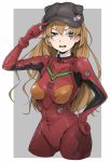  1girl adjusting_headwear bangs black_headwear blue_eyes bodysuit breasts cropped_legs evangelion:_3.0_you_can_(not)_redo flat_cap frown grey_background half-closed_eyes hand_on_hip hat highres ina_(gokihoihoi) long_hair medium_breasts neon_genesis_evangelion open_mouth orange_hair outside_border plugsuit rebuild_of_evangelion red_bodysuit scar scar_across_eye solo souryuu_asuka_langley 