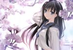  1girl absurdres arm_up bangs blue_eyes blurry blurry_background blush cherry_blossoms day eyebrows_visible_through_hair flower highres huge_filesize karory long_hair long_sleeves looking_at_viewer open_mouth original outdoors sailor_collar scan school_uniform smile solo tree_branch upper_body 