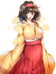  1girl black_hair blush breasts brown_eyes collarbone creatures_(company) erika_(pokemon) eyebrows_visible_through_hair floral_background flower game_freak gym_leader hairband hakama headband highres imo_(evekelu-111) japanese_clothes kimono large_breasts long_sleeves looking_at_viewer nintendo open_mouth poke_ball_symbol pokemon pokemon_(game) pokemon_frlg red_hairband red_hakama short_hair solo wide_sleeves yellow_kimono 