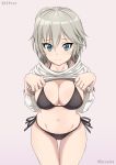  1girl anastasia_(idolmaster) artist_name bangs bikini black_bikini blue_eyes blush breasts cleavage hair_between_eyes idolmaster idolmaster_cinderella_girls inoshira long_hair long_sleeves looking_at_viewer medium_breasts navel shirt_lift short_hair silver_hair smile solo swimsuit thighs 