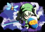  1girl actas_(studio) anchovy bangs belt black_belt black_gloves black_ribbon blue_sky box cardboard_box child clouds cloudy_sky commentary cosplay day drill_hair eyebrows_visible_through_hair girls_und_panzer gloves green_hair green_headwear green_tunic hair_ribbon holding holding_shield holding_sword holding_weapon jinguu_(4839ms) link link_(cosplay) long_hair looking_at_viewer master_sword media_factory navi navi_(cosplay) nintendo nintendo_ead open_mouth patch red_eyes reflection ribbon shield short_sleeves sky smile solo standing sword the_legend_of_zelda the_legend_of_zelda:_ocarina_of_time tokyo_mx translated tunic twin_drills twintails weapon younger 