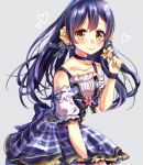  1girl absurdres bangs bare_shoulders blue_dress blue_hair blush choker closed_mouth collarbone commentary_request dress eyebrows_visible_through_hair flower grey_background hair_between_eyes hair_flower hair_ornament heart highres holding long_hair looking_at_viewer love_live! love_live!_school_idol_festival love_live!_school_idol_project simple_background smile solo sonoda_umi yellow_eyes 