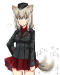  1girl =3 afterimage animal_ears aohashi_ame bangs black_headwear black_jacket blue_eyes closed_mouth commentary cowboy_shot dog_ears dog_tail dress_shirt frown garrison_cap girls_und_panzer hand_on_hip hat heart highres insignia itsumi_erika jacket kemonomimi_mode kuromorimine_military_uniform long_hair long_sleeves looking_at_viewer military military_hat military_uniform miniskirt motion_blur pleated_skirt red_shirt red_skirt shirt silver_hair simple_background skirt snort solo standing tail tail_wagging translated tsundere uniform v-shaped_eyebrows white_background 