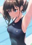  1girl armpits bangs black_hair blue_eyes breasts collarbone commentary_request competition_swimsuit ears eyebrows_visible_through_hair from_side highres jonsun long_hair medium_breasts one-piece_swimsuit poolside solo ssss.gridman swimsuit takarada_rikka tying_hair 