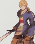  1boy ahoge armor blonde_hair brown_eyes brown_gloves cowboy_shot expressionless final_fantasy final_fantasy_tactics gloves grey_background highres holding holding_sword holding_weapon long_hair long_sleeves maekakekamen male_focus ponytail ramza_beoulve simple_background solo sword weapon 