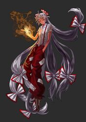  1girl absurdres dark_background fire flame fujiwara_no_mokou full_body grey_hair hair_ribbon hand_in_pocket highres long_hair looking_at_viewer red_eyes reki_(user_rcrd4534) ribbon solo suspenders teeth torn_clothes torn_sleeves touhou very_long_hair white_hair 