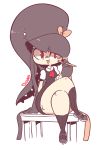  1girl artist_name bandaid bandaid_on_nose bangs black_hair black_legwear blunt_bangs crossed_legs diives gaghiel_(diives) holding holding_pencil long_hair looking_at_viewer mawile pencil personification pokemon red_eyes shoes short_sleeves sitting socks solo tongue tongue_out very_long_hair 