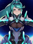  1girl absurdres armor bangs blush breasts commentary gem glowing green_eyes green_hair hair_ornament headpiece highres jewelry large_breasts long_hair looking_at_viewer night open_arms phiphi-au-thon pneuma_(xenoblade) ponytail shoulder_armor sky smile spoilers swept_bangs tiara twitter_username very_long_hair xenoblade_(series) xenoblade_2 