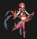  1girl alpaca_sama armor bangs black_background blush boots breasts commentary covered_navel fingerless_gloves fire full_body gem gloves hair_ornament headpiece highres holding holding_sword holding_weapon pyra_(xenoblade) jewelry large_breasts open_mouth pose red_eyes red_shorts redhead short_hair short_shorts shorts shoulder_armor simple_background smile solo swept_bangs sword thigh-highs tiara weapon xenoblade_(series) xenoblade_2 