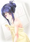  1girl bag blue_hair blush breasts dutch_angle frapowa from_side hair_bun love_live! love_live!_sunshine!! matsuura_kanan medium_breasts naked_towel shoulder_bag sideboob smile solo towel translation_request under_boob violet_eyes wet 