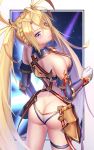  1girl antenna_hair armor ass back beam_shield bikini_armor bikini_bottom bikini_top blonde_hair blue_eyes bradamante_(fate/grand_order) braid breasts butt_crack elbow_gloves fate/grand_order fate_(series) faulds french_braid from_behind gloves highres long_hair looking_back medium_breasts nekoneko_jun2_123 shield solo thigh_strap twintails very_long_hair 