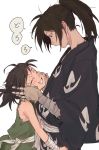  1boy 1girl age_difference bandages black_hair brown_eyes brown_hair child closed_eyes dororo_(character) dororo_(tezuka) edmhhhnh hyakkimaru_(dororo) japanese_clothes looking_at_another messy_hair open_mouth ponytail short_hair simple_background smile white_background 