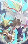  1boy alakazam artist_name bag bangs black_eyes black_pants blue_background brown_eyes brown_hair claws commentary dated eevee ege_(597100016) gen_1_pokemon hand_up happy holding holding_poke_ball jewelry long_sleeves looking_at_viewer male_focus necklace ookido_green open_mouth pants pidgeot poke_ball poke_ball_(generic) pokemon pokemon_(creature) pokemon_(game) pokemon_lgpe purple_shirt shirt short_hair signature simple_background smile smoke spoon teeth 