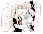  2girls arm_grab bangs black_ribbon black_serafuku blonde_hair blush breasts buttons closed_eyes closed_mouth commentary cropped_torso cuddling eyebrows_visible_through_hair green_sailor_collar hair_between_eyes hair_flaps hair_over_shoulder hair_ribbon hand_on_another&#039;s_hip heart hug kantai_collection kuromaru_(dottomatto) long_hair multiple_girls neckerchief pink_hair ponytail red_neckwear ribbon sailor_collar school_uniform serafuku short_sleeves smile translated very_long_hair white_sailor_collar yura_(kantai_collection) yuri yuudachi_(kantai_collection) 