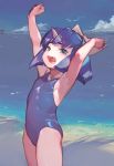  1girl armpits arms_up bare_arms beach blue_sky blue_swimsuit bow breasts clouds covered_navel cowboy_shot day eiko_carol eyebrows_visible_through_hair fang final_fantasy final_fantasy_ix green_eyes hair_bow highres horn jikan_hakushaku legs_together looking_at_viewer ocean one-piece_swimsuit open_mouth purple_hair short_hair sideboob sky small_breasts solo stretch swimsuit teeth water white_bow 