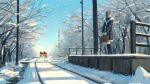  1girl animal bag bird black_legwear blue_eyes blue_sky brown_coat brown_hair clannad coat commentary_request dated ground_vehicle hairband highres holding holding_bag kneehighs long_hair looking_to_the_side making-of_available outdoors railroad_tracks sakagami_tomoyo scenery sky snow solo standing train tree wide_shot winter_clothes xiaobanbei_milk 