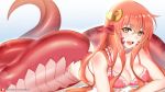  1girl artist_name ass bare_arms bare_shoulders bra breasts curvy eyebrows_visible_through_hair fang hair_between_eyes hair_ornament hair_over_shoulder hairclip highres lamia large_breasts long_hair looking_at_viewer lying miia_(monster_musume) monster_girl monster_musume_no_iru_nichijou open_mouth panties patreon_username pointy_ears redhead scales solo tail tofuubear underwear yellow_eyes 