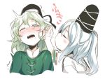  2girls =3 asutora black_headwear black_ribbon blowing_in_ear blush closed_eyes commentary_request cropped_torso dress drooling from_side green_dress green_eyes green_hair hair_between_eyes half_updo hat hat_ribbon long_sleeves mononobe_no_futo multiple_girls nose_blush one_eye_closed open_mouth profile ribbon ribbon-trimmed_sleeves ribbon_trim shirt short_hair sidelocks silver_hair simple_background soga_no_tojiko tate_eboshi tears touhou translated upper_body white_background white_shirt yuri 