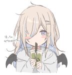  1girl bangs black_wings blue_hair blush_stickers cup demon_wings disposable_cup drink drinking_straw eyebrows_visible_through_hair grey_hoodie hair_ornament hair_over_one_eye hairclip holding holding_cup hood hood_down hoodie light_brown_hair long_hair mafuyu_(chibi21) multicolored_hair original signature simple_background sleeves_past_wrists solo streaked_hair translated upper_body violet_eyes white_background wings 
