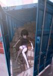  1girl bangs barefoot black_hair blue_eyes box cardboard_box day highres jacket leotard looking_at_viewer lying open_clothes open_door open_jacket original reoen shipping_container short_hair signature solo 