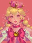  1girl artist_name bellhenge blonde_hair bow braid crown dress earrings gloves heart jewelry long_hair looking_at_viewer super_mario_bros. new_super_mario_bros._u_deluxe open_mouth peachette pink_background pink_bow pink_dress red_earrings smile solo sparkle super_crown twin_braids twintails upper_body white_gloves 