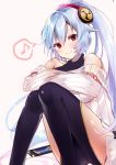  1girl bangs bare_shoulders blue_hair blush cellphone collarbone commentary_request fate/grand_order fate_(series) feet_out_of_frame felnemo gradient_hair hair_between_eyes hair_ornament hair_scrunchie highres knees_together_feet_apart knees_up long_hair long_sleeves looking_at_viewer multicolored_hair musical_note off-shoulder_sweater off_shoulder phone ponytail red_eyes ribbed_sweater scrunchie silver_hair sitting smartphone smile solo spoken_musical_note sweater thighs tomoe_gozen_(fate/grand_order) very_long_hair 