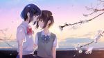  2girls absurdres black_hair bow brown_hair cherry_blossoms clouds highres holding_hands huge_filesize looking_at_another multiple_girls original outdoors panpaka_red red_bow school_uniform short_hair skirt standing sweater_vest tears twilight uniform upper_body yuri 