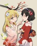  2girls abenattou applying_makeup bangs beige_background bird blonde_hair blush brown_hair caesar_(girls_und_panzer) carpaccio cherry_blossoms closed_eyes commentary eyebrows_visible_through_hair facing_another floral_print girls_und_panzer green_eyes hair_ribbon hand_on_another&#039;s_face highres holding holding_saucer japanese_clothes kimono lipstick long_hair long_sleeves looking_at_another makeup multiple_girls obi open_mouth pink_kimono print_kimono red_kimono ribbon sash saucer shadow short_hair smile standing sweatdrop tree wide_sleeves yuri 