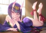  1girl ankle_ribbon ass aya_shobon bare_shoulders barefoot blush collarbone commentary_request fate/grand_order fate_(series) feet head_rest head_tilt horns japanese_clothes looking_at_viewer lying on_stomach oni_horns parted_lips pink_eyes pov_feet purple_hair ribbon shuten_douji_(fate/grand_order) soles the_pose thighs toes tsurime 