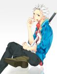  1boy black_pants blood blood_from_mouth blue_eyes devil_may_cry haine_(howling) injury katana looking_at_viewer medallion pants shirt sitting sleeves_rolled_up smile solo sword teeth vergil weapon white_background white_hair 