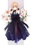  1girl artoria_pendragon_(all) bare_shoulders black_dress black_gloves blonde_hair breasts cleavage collarbone commentary_request dlwoals1532 dress elbow_gloves eyebrows_visible_through_hair fate/grand_order fate_(series) flower from_above gloves grey_background highres holding holding_sword holding_weapon long_dress looking_at_viewer medium_breasts ribbon saber_alter sleeveless sleeveless_dress solo sword weapon white_background yellow_eyes 
