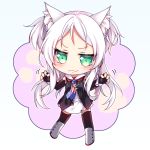  1girl :3 american_flag animal_ears azur_lane bangs black_gloves cat_ears chibi commentary_request elbow_gloves fang fingerless_gloves flag_print gloves green_eyes long_hair setsugetsu_yue silver_hair sims_(azur_lane) solo thigh-highs white_hair 