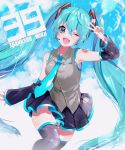  1girl 39 2019 ;d black_legwear black_skirt black_sleeves blue_eyes blue_hair blue_nails blue_neckwear blue_sky character_name clouds collared_shirt dated detached_sleeves dress_shirt floating_hair grey_shirt hair_ornament hatsune_miku highres long_hair long_sleeves looking_at_viewer miniskirt nail_polish necktie omui one_eye_closed open_mouth pleated_skirt shiny shiny_hair shirt skirt sky sleeveless sleeveless_shirt smile solo thigh-highs twintails v very_long_hair vocaloid wing_collar zettai_ryouiki 