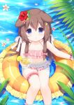  1girl animal_ears azur_lane blue_eyes blush brown_hair collarbone commentary crescent crescent_hair_ornament cup dog_ears flat_chest flower food fruit fumizuki_(azur_lane) hair_flower hair_ornament ikataruto innertube leaf lemon lemon_slice long_hair looking_at_viewer navel parted_lips petals plant solo swimsuit water 