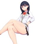  1girl 4coke ass_visible_through_thighs bare_legs black_hair black_skirt blue_eyes bow bowtie collared_shirt crossed_legs feet_out_of_frame from_below hand_in_pocket highres long_hair long_sleeves looking_at_viewer pleated_skirt red_legwear red_neckwear school_uniform shaded_face shirt simple_background sitting skirt socks solo ssss.gridman straight_hair takarada_rikka thighs white_background white_cardigan white_shirt 