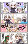  !? /\/\/\ 0_0 3girls 4koma :o :t absurdres ahoge armor armored_dress arrow arrow_through_heart barefoot bell black_dress blonde_hair blue_dress blush bow brown_eyes chibi closed_mouth comic commentary_request dress fate/grand_order fate_(series) flying_sweatdrops fur-trimmed_jacket fur-trimmed_sleeves fur_trim green_bow green_ribbon hair_bow headpiece heart heart-shaped_pupils highres jacket jako_(jakoo21) jeanne_d&#039;arc_(alter)_(fate) jeanne_d&#039;arc_(fate) jeanne_d&#039;arc_(fate)_(all) jeanne_d&#039;arc_alter_santa_lily long_sleeves multiple_girls nose_blush open_clothes open_jacket open_mouth outstretched_arm pointing pout profile purple_jacket ribbon shaded_face striped striped_bow striped_ribbon sweat symbol-shaped_pupils tears translation_request turn_pale upper_teeth v-shaped_eyebrows wavy_mouth white_hair wicked_dragon_witch_ver._shinjuku_1999 