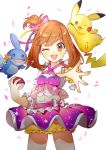  1girl :d absurdres alternate_costume alternate_hairstyle blush bow brown_eyes brown_hair commentary_request detached_sleeves dot_nose dress frills gen_1_pokemon gen_3_pokemon hair_between_eyes hair_bow haruka_(pokemon) highres holding holding_poke_ball looking_at_viewer mudkip navel o0baijin0o one_eye_closed open_mouth pikachu pink_bow poke_ball poke_ball_(generic) pokemon pokemon_(game) pokemon_oras scrunchie short_hair shorts skirt smile wrist_scrunchie yellow_scrunchie yellow_shorts 