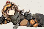  1girl apex_legends bangs black_scarf bodysuit brown_gloves brown_hair closed_mouth commentary cosplay cowboy_shot crown fang gloves goggles gun handgun holding holding_gun holding_weapon kichihachi long_hair looking_at_viewer lying mirage_(apex_legends) mirage_(apex_legends)_(cosplay) on_side pistol re:act scarf shishigami_leona simple_background skin_fang solo two_side_up violet_eyes virtual_youtuber weapon 