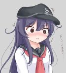  1girl :i akatsuki_(kantai_collection) bangs black_headwear black_sailor_collar blush brown_eyes closed_mouth commentary_request embarrassed eyebrows_visible_through_hair flat_chest grey_background hat have_to_pee ichininmae_no_lady kantai_collection long_hair long_sleeves neckerchief nose_blush pout purple_hair red_neckwear sailor_collar school_uniform serafuku shiny shiny_hair shirou_(amato_shirou) shirt simple_background solo sweat tears translation_request trembling upper_body white_shirt 