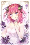  1girl bangs black_ribbon blue_eyes blunt_bangs dress flower go-toubun_no_hanayome hair_ornament hair_ribbon highres looking_at_viewer medium_hair nakano_nino purple_flower purple_rose redhead ribbon rose taya_5323203 tongue tongue_out white_background white_dress 